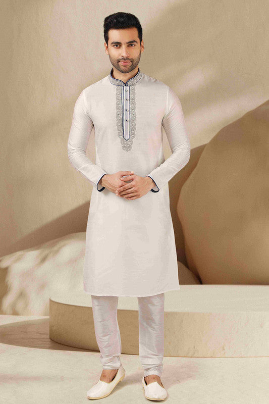 Men's Banarasi Art Silk Mirror Work Kurta Pajama In Off White Colour