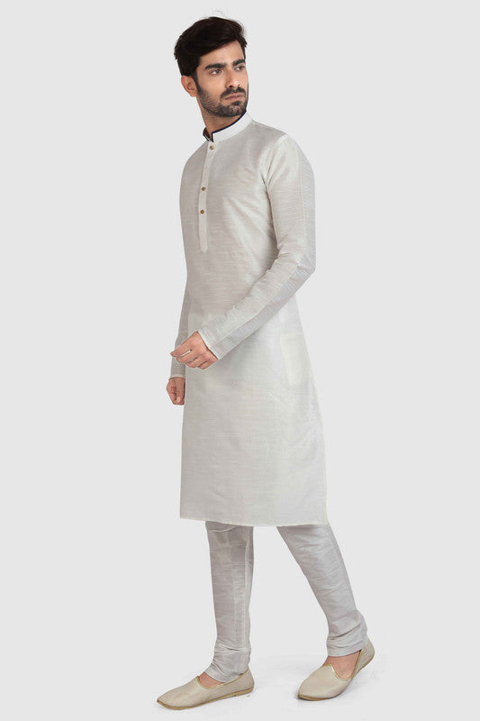 Men's Off White Art Silk Solid Kurta Pajama Set