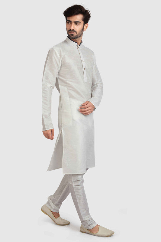 Men's Off White Art Silk Solid Kurta Pajama Set
