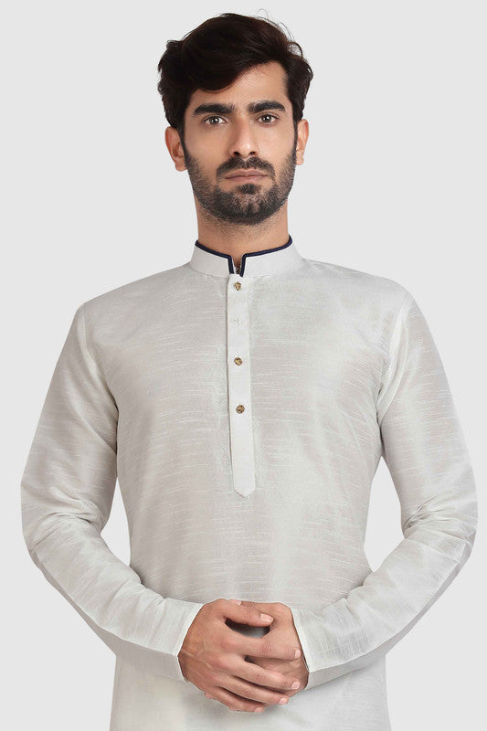 Men's Off White Art Silk Solid Kurta Pajama Set