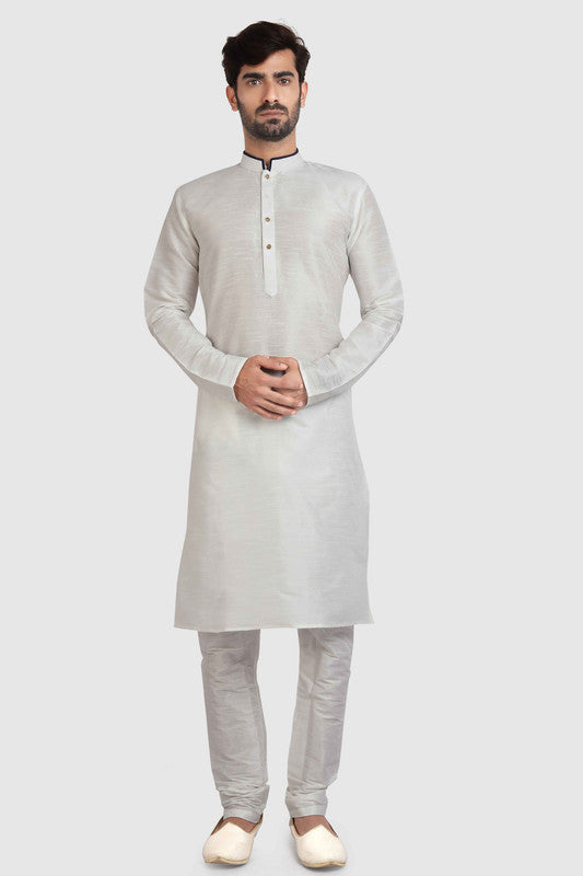 Men's Off White Art Silk Solid Kurta Pajama Set