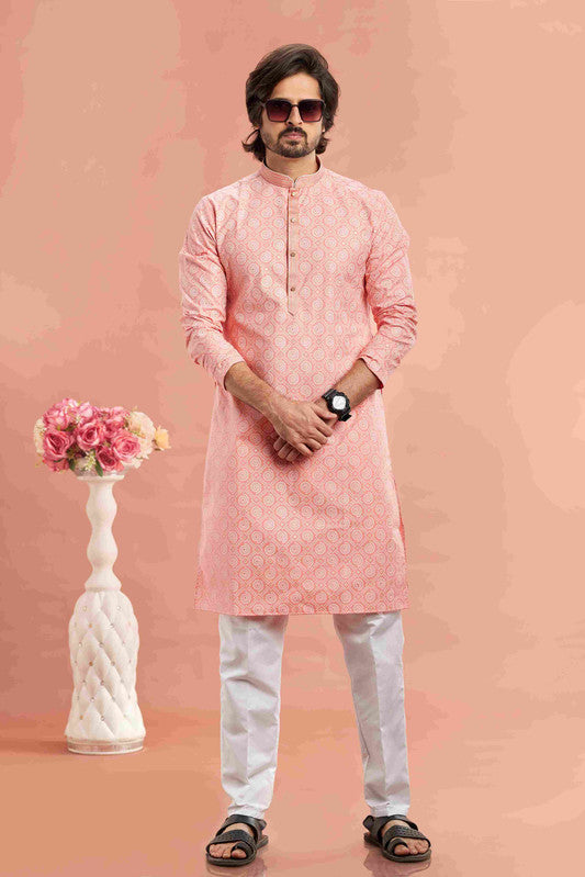 Men's Orange Cotton Thread Work Collar Neck Pajama Set