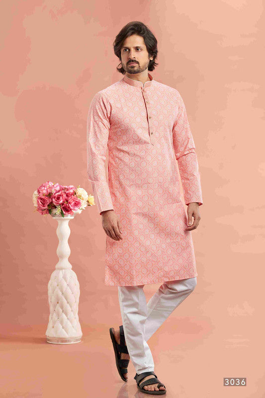 Men's Orange Cotton Thread Work Collar Neck Pajama Set