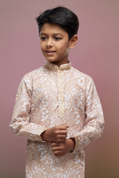 Boy's Peach Cotton Thread Work Kurta Set