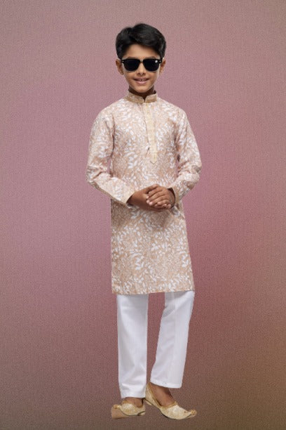 Boy's Peach Cotton Thread Work Kurta Set