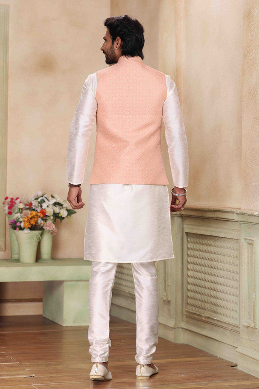 Men's Jacquard Banarasi Silk Woven Work 3 Pics Jacket Set In Peach Colour