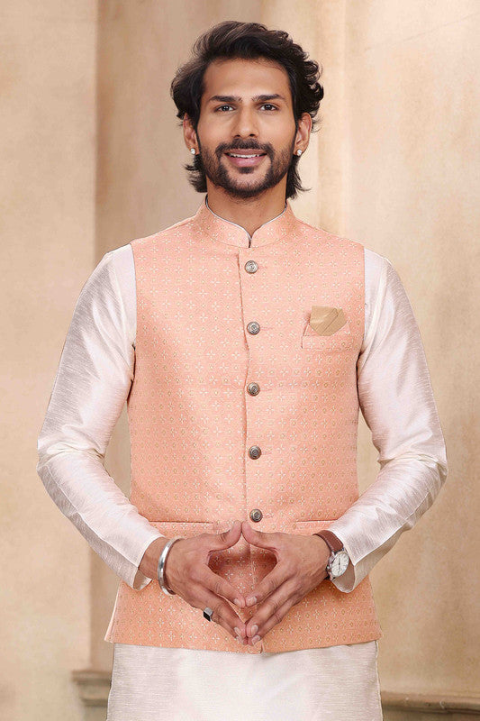 Men's Jacquard Banarasi Silk Woven Work 3 Pics Jacket Set In Peach Colour