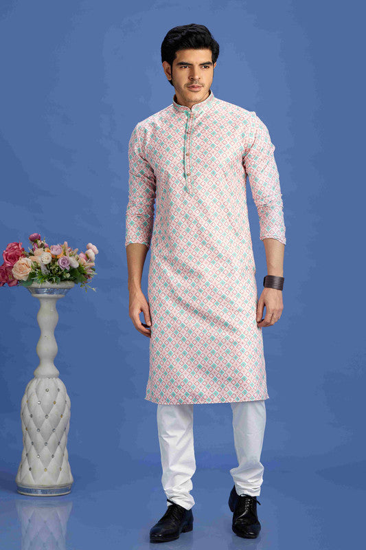Men's Peach Cotton Embroidery Collar Neck Pajama Set