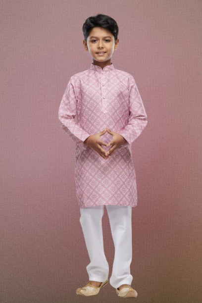 Boy's Onion Pink Cotton Digital Print Kurta Set