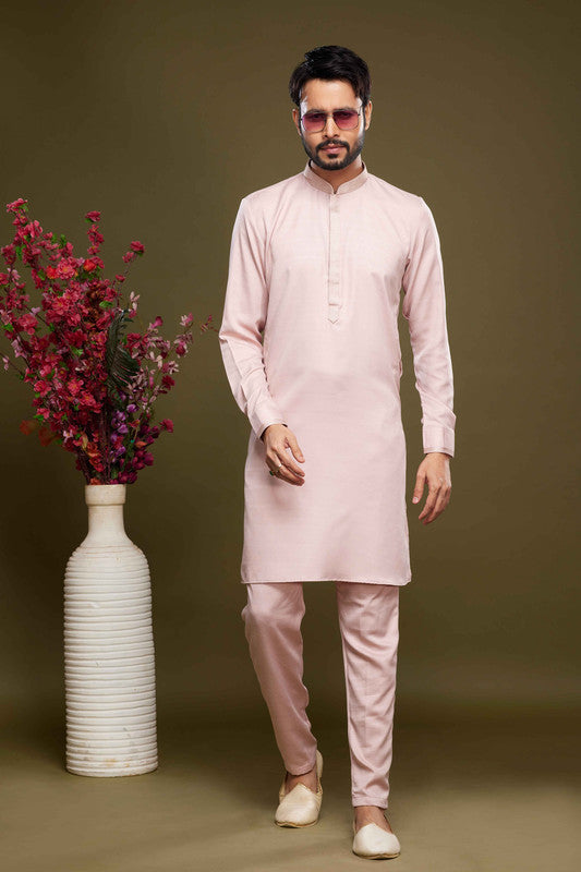 Men's Art Banarasi Silk Thread Work Kurta Pajama In Pink Colour
