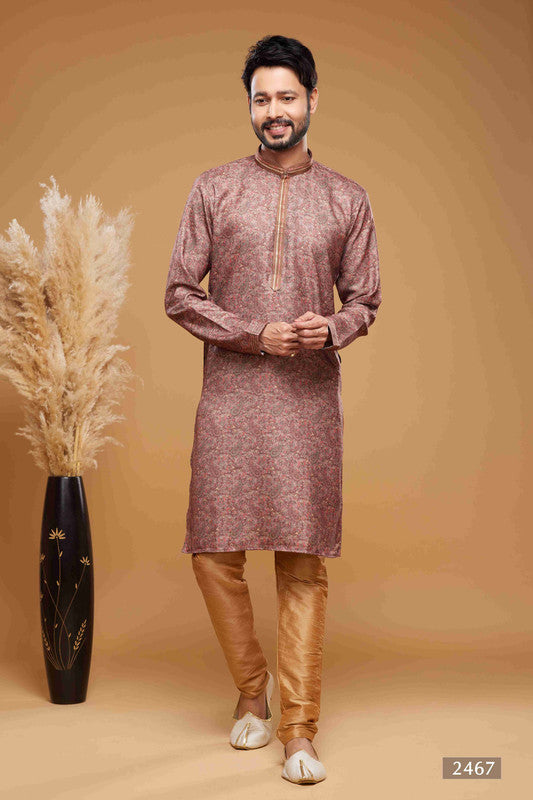 Men's Art Silk Digital Print Pintux Work Kurta Pajama In Onion Pink Colour