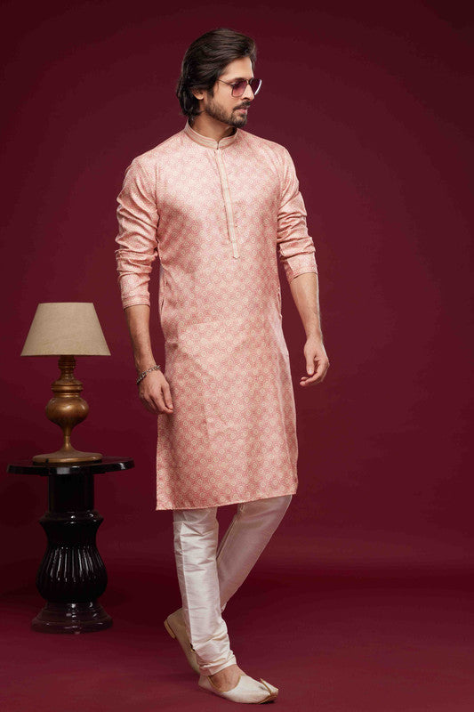 Men's Art Silk Digital Print Pintux Work Kurta Pajama In Pnk Colour