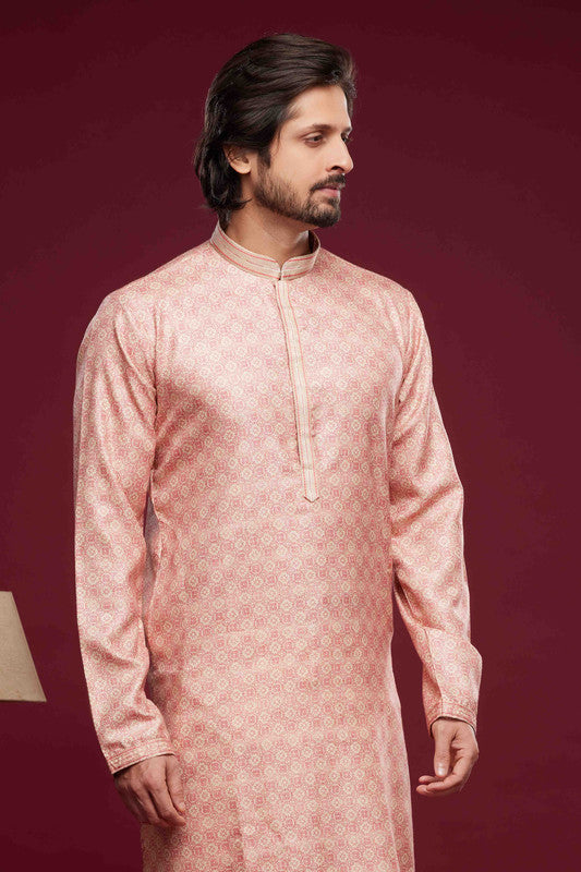 Men's Art Silk Digital Print Pintux Work Kurta Pajama In Pnk Colour