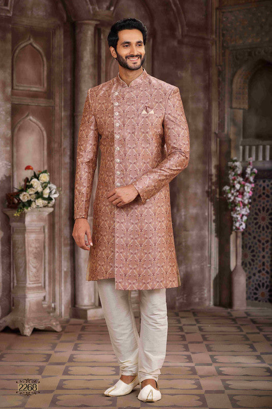 Men's Art Silk Digital Print Sherwani In Onion Pink Colour