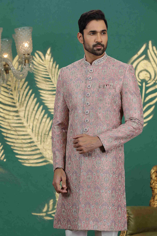 Men's Art Silk Thread Work Sherwani Set In Onion Pink Color
