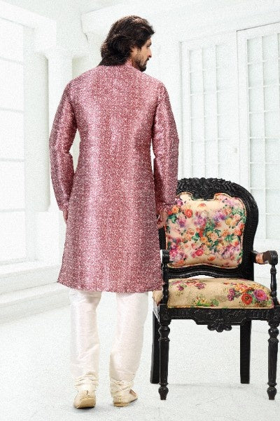 Men's Dark Pink Banarasi Silk Pintux Work Kurta Pajama Set