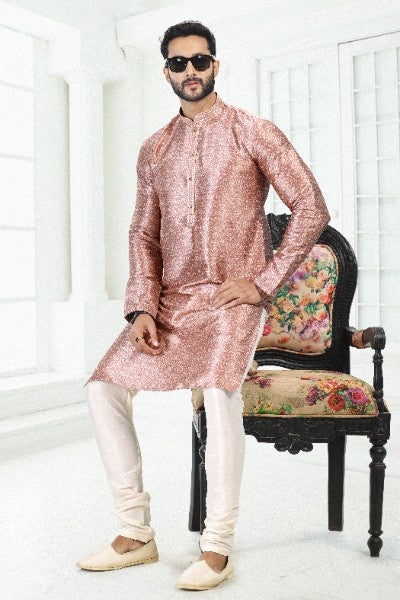 Men's Onion Pink Banarasi Silk Pintux Work Kurta Pajama Set