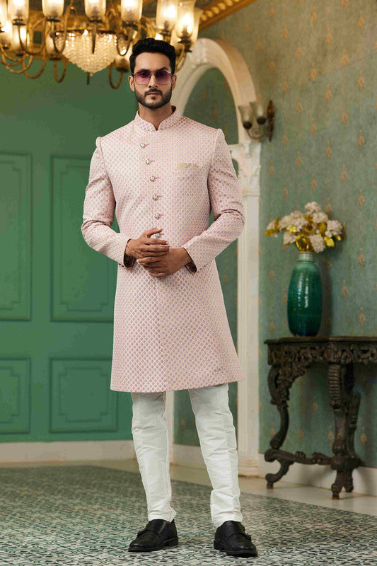 Men's Onion Pink Jacquard Silk Embroidery Sherwani Set