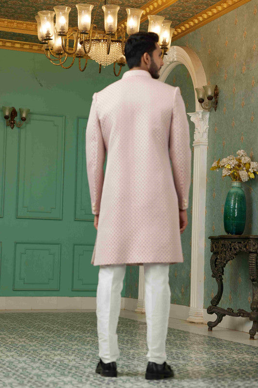 Men's Onion Pink Jacquard Silk Embroidery Sherwani Set