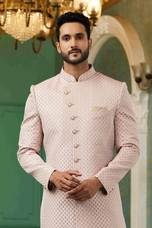 Men's Onion Pink Jacquard Silk Embroidery Sherwani Set
