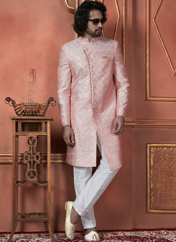 Men's Pink Art Silk Thread Work Indo Western Set