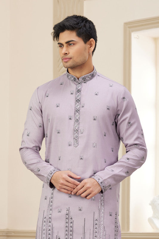 Men's Art Silk Thread Work Kurta Pajama In Purple Colour