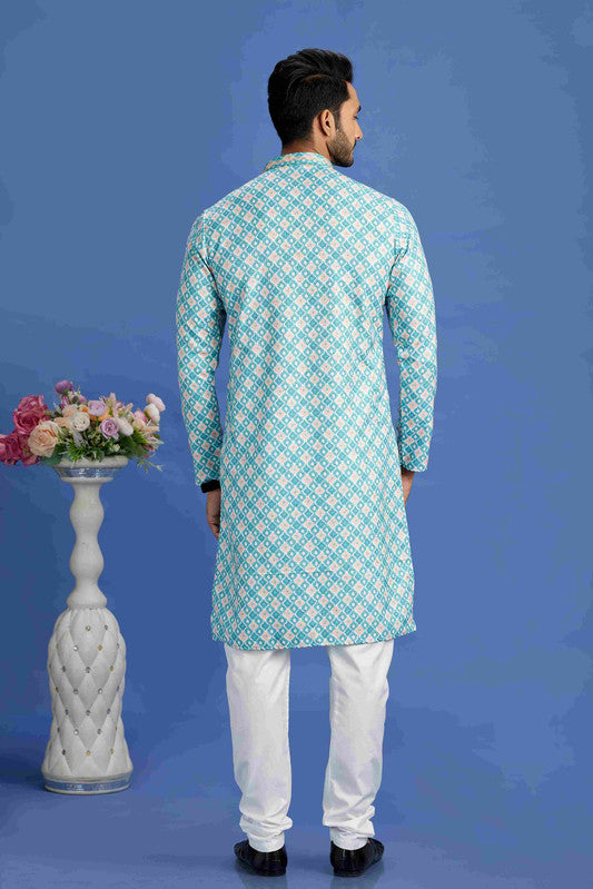 Men's Teal Green Cotton Embroidery Collar Neck Pajama Set