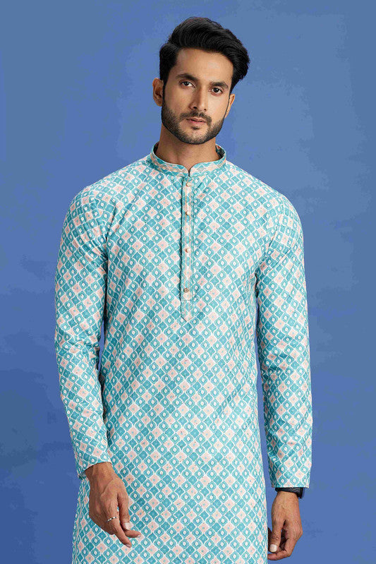 Men's Teal Green Cotton Embroidery Collar Neck Pajama Set