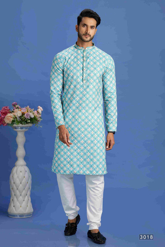 Men's Teal Green Cotton Embroidery Collar Neck Pajama Set
