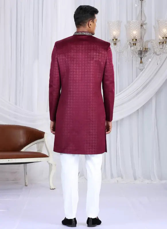 Men's Embosed Velvet Embroidery Work Sherwani Set In Wine Color