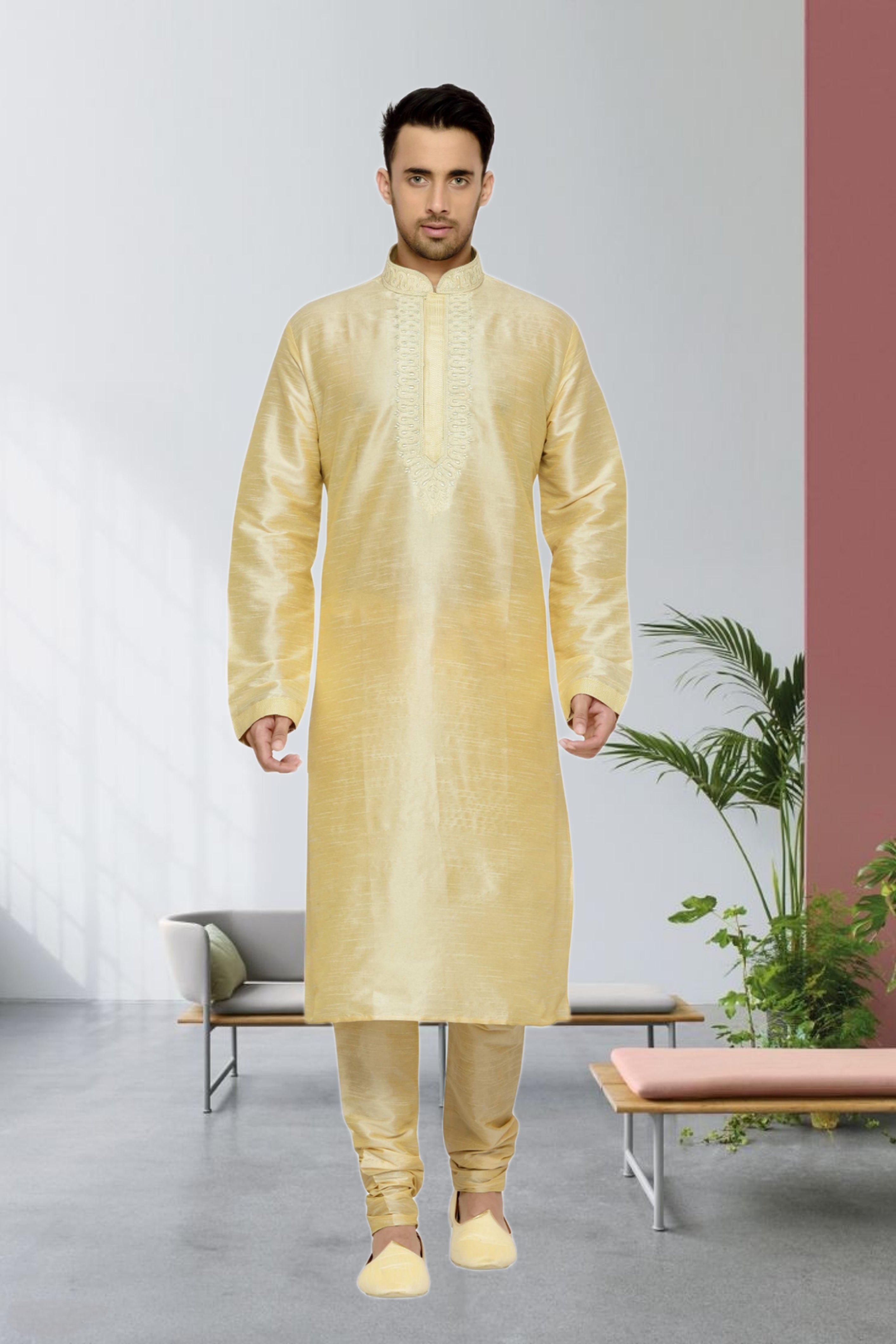 Men's Cotton Printed Work Kurta Pajama In Yellow Colour