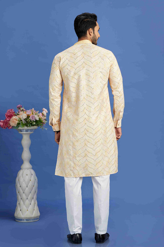 Men's Yellow Cotton Embroidery Collar Neck Pajama Set