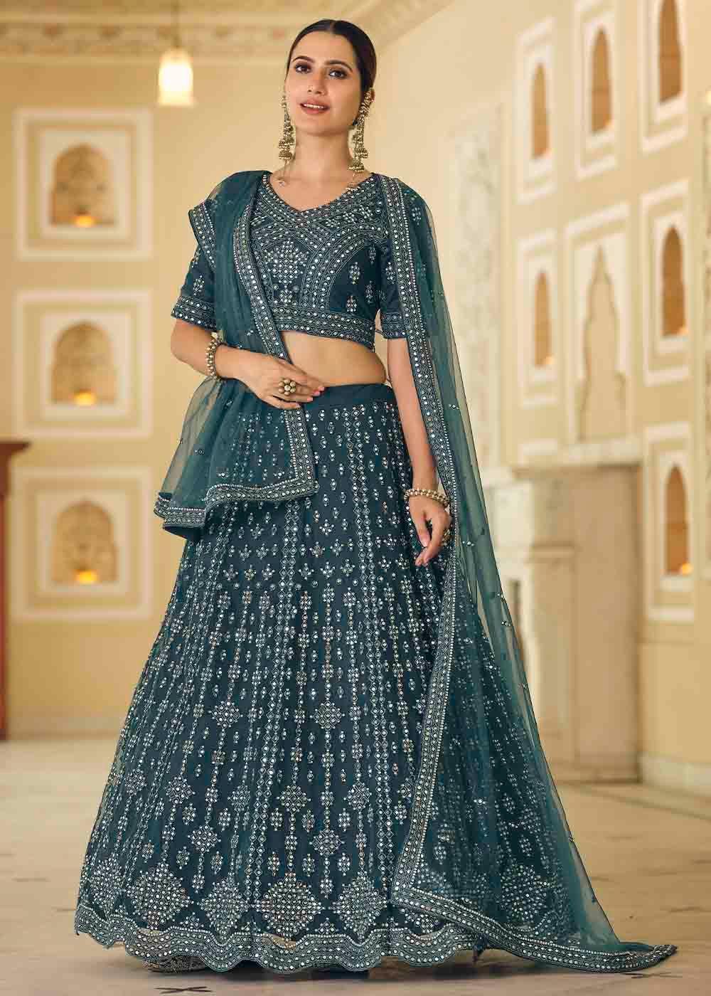 Rama Blue Soft Net Lehenga Choli with Dori & Mirror work - qivii