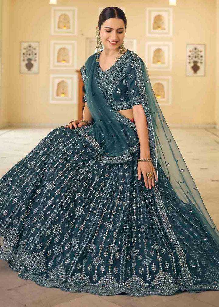 Rama Blue Soft Net Lehenga Choli with Dori & Mirror work - qivii