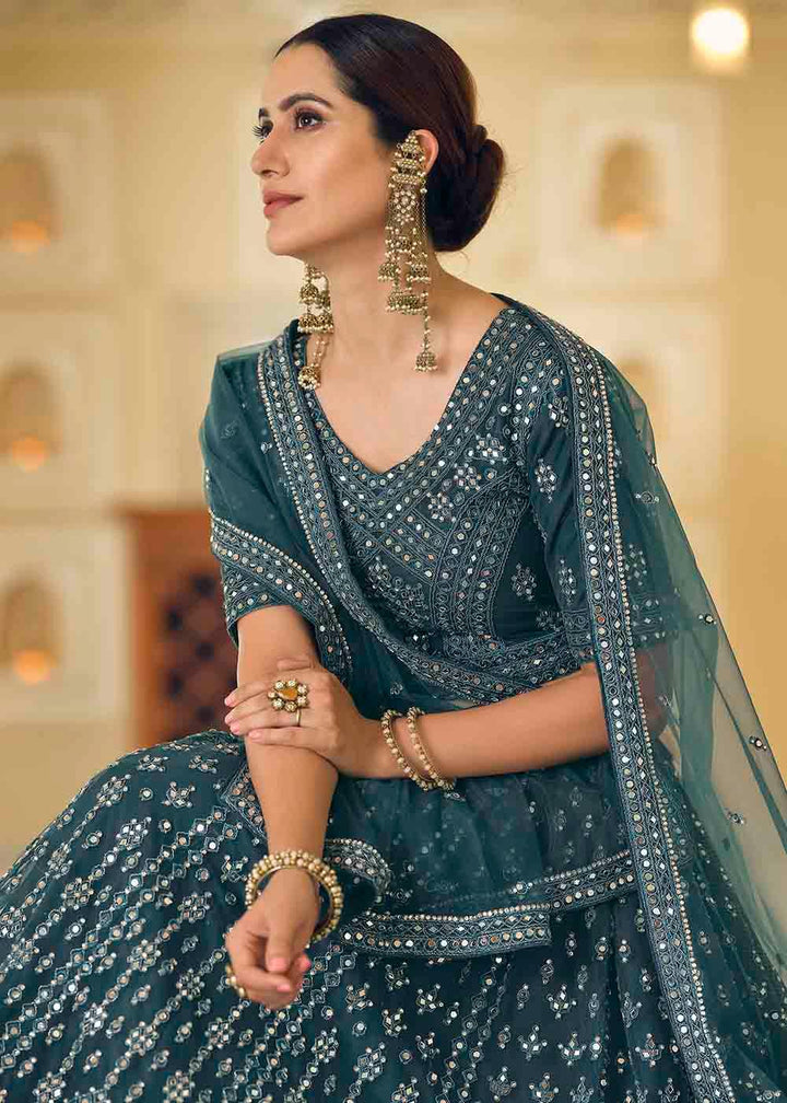 Rama Blue Soft Net Lehenga Choli with Dori & Mirror work - qivii