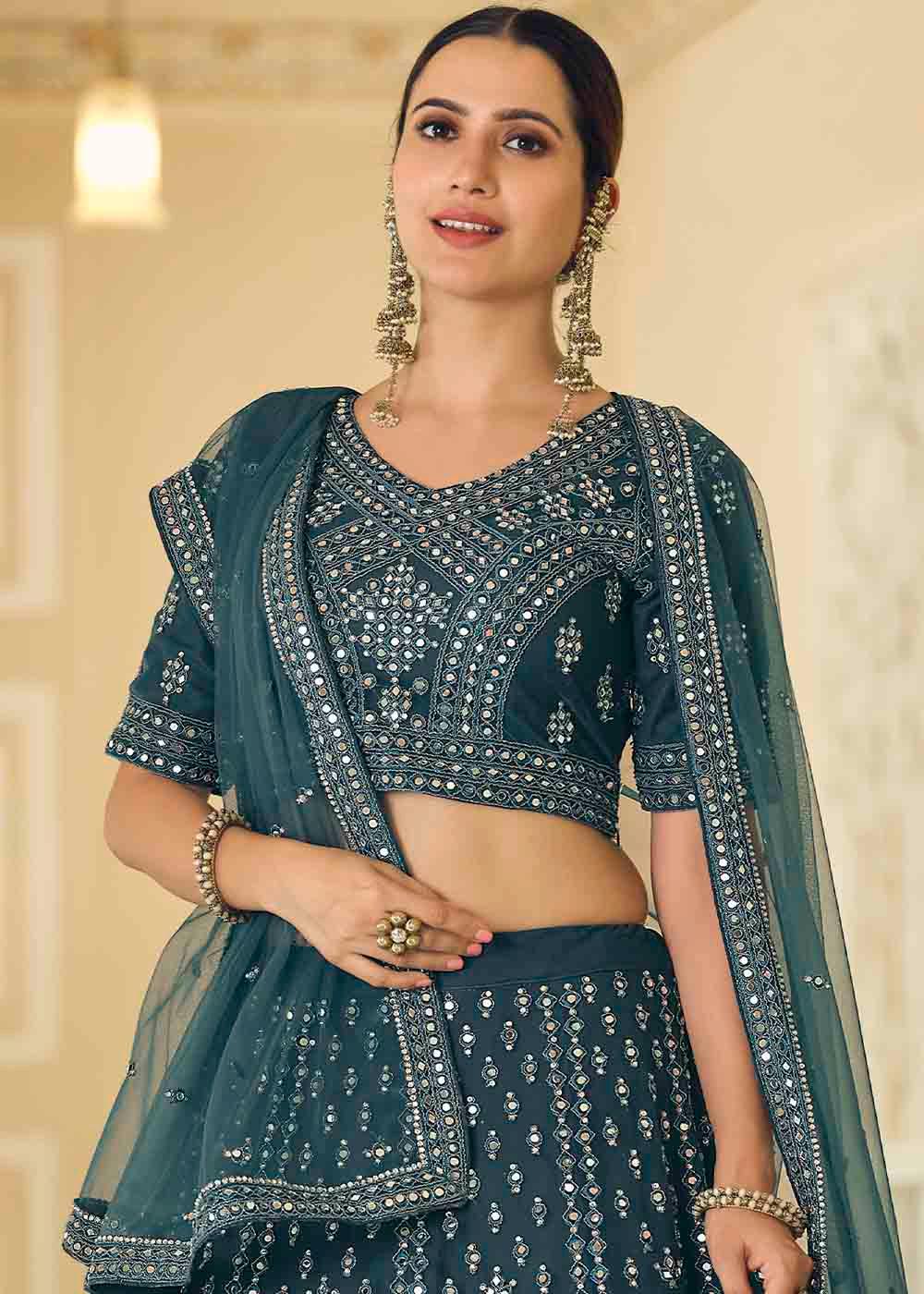 Rama Blue Soft Net Lehenga Choli with Dori & Mirror work - qivii