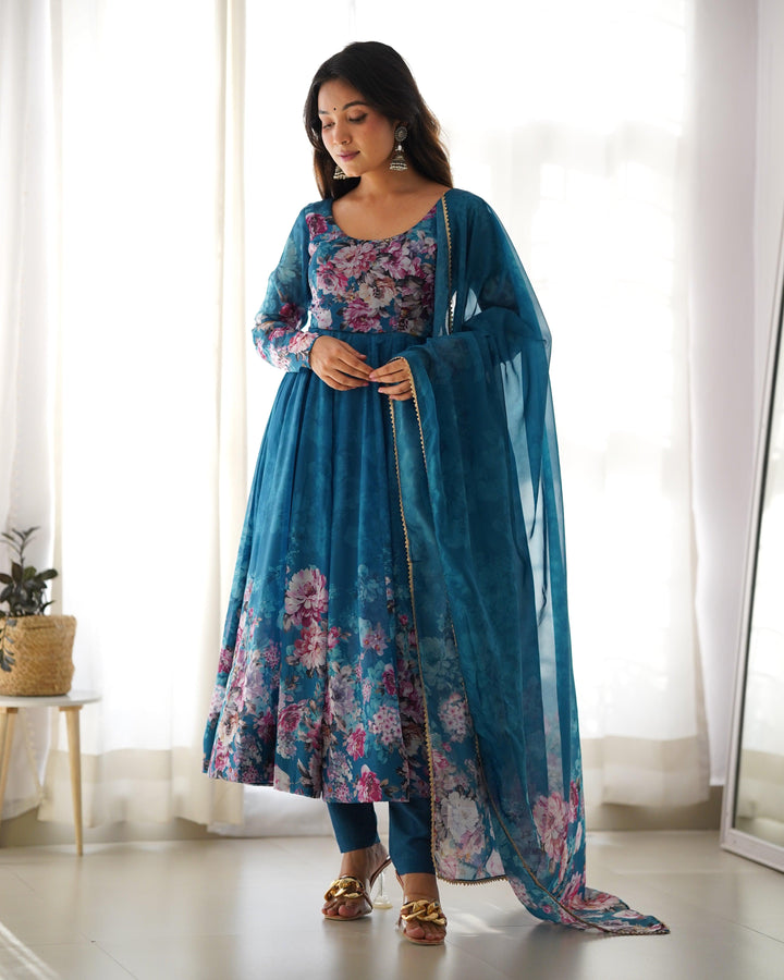 Rama color organza printed anarkali suit with dupatta by Qivii