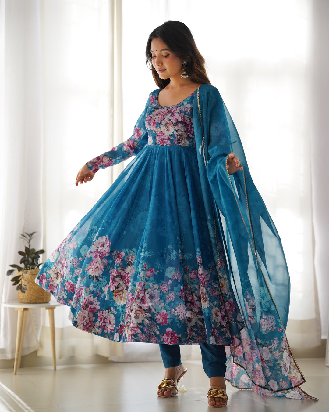 Rama color organza printed anarkali suit with dupatta by Qivii, a stunning traditional Indian outfit for special occasions and events