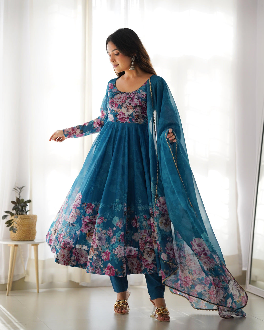 Beautiful Rama color organza printed anarkali suit with matching dupatta