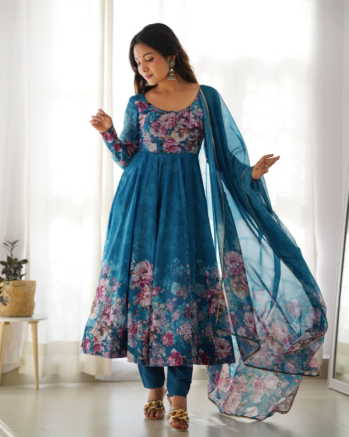 Rama color organza printed anarkali suit with dupatta by Qivii, a beautiful and elegant traditional Indian outfit for special occasions and events