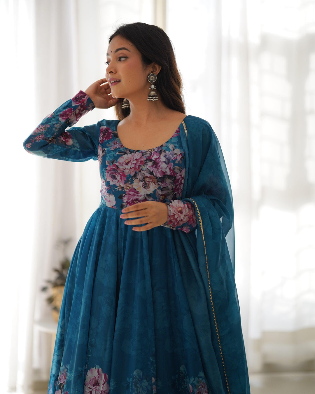 Qivii's stunning Rama color organza anarkali suit with matching dupatta