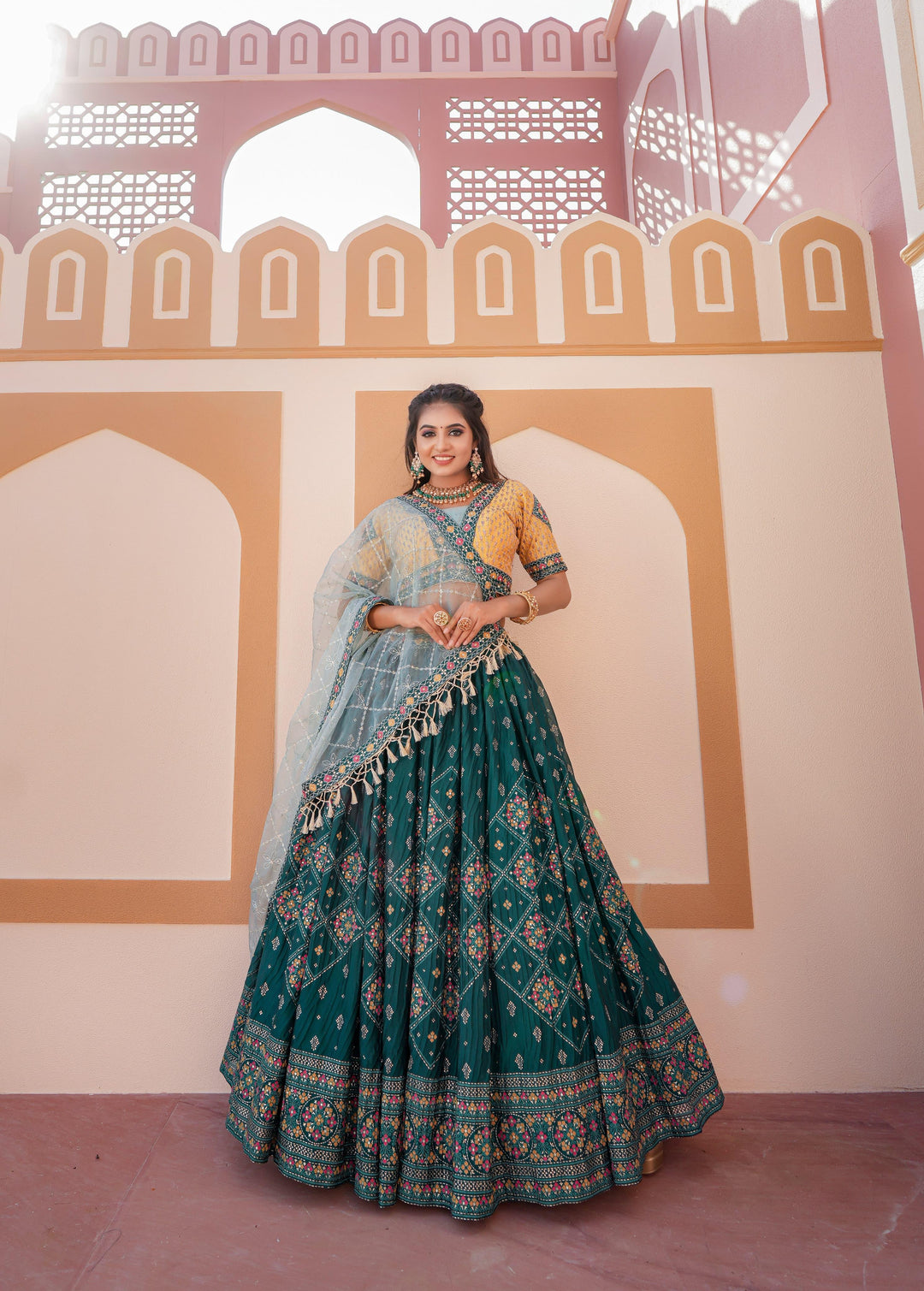 Rama Green Color Heavy Chinon Fabric Wedding Wear Designer Lehenga Set | Readyto wear - qivii