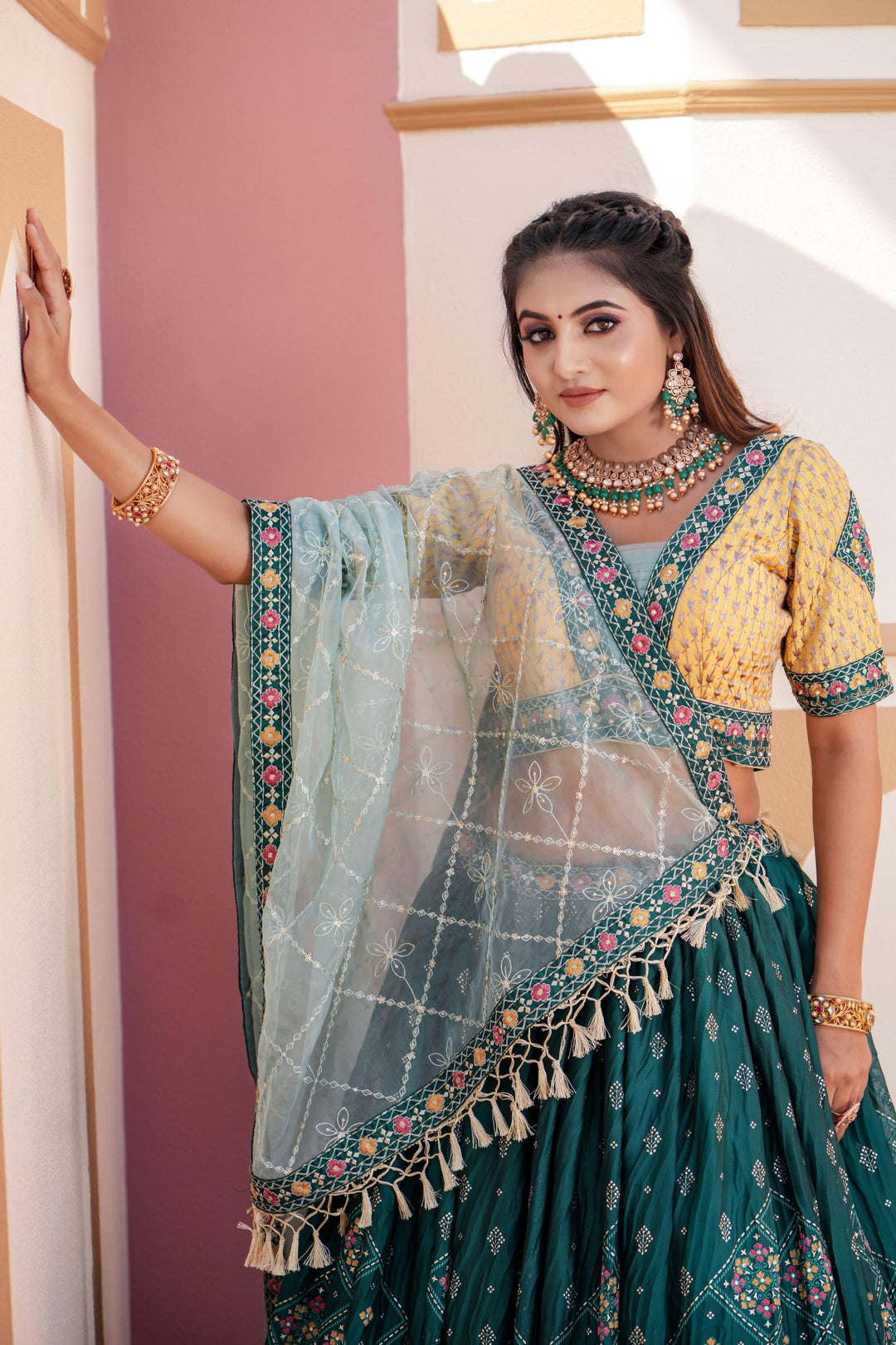 Rama Green Color Heavy Chinon Fabric Wedding Wear Designer Lehenga Set | Readyto wear - qivii