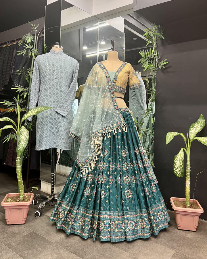 Rama Green Color Heavy Chinon Fabric Wedding Wear Designer Lehenga Set | Readyto wear - qivii