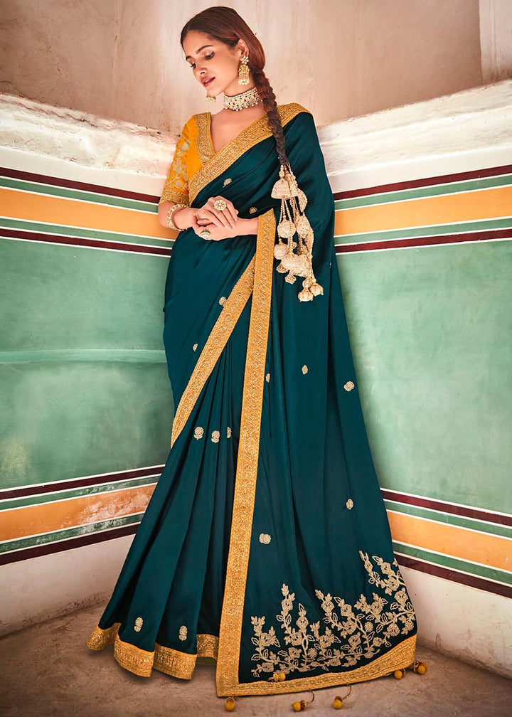 Rama Green Crepe Silk Saree with Sequins & Dori work | Stitched Blouse - qivii