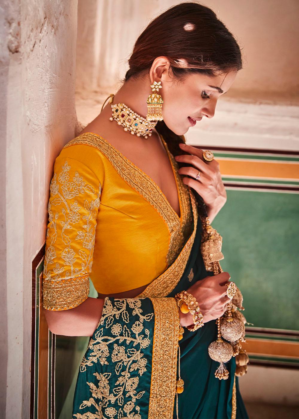 Rama Green Crepe Silk Saree with Sequins & Dori work | Stitched Blouse - qivii