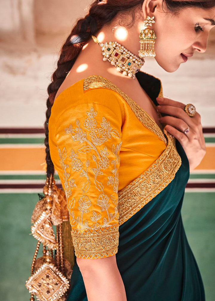 Rama Green Crepe Silk Saree with Sequins & Dori work | Stitched Blouse - qivii