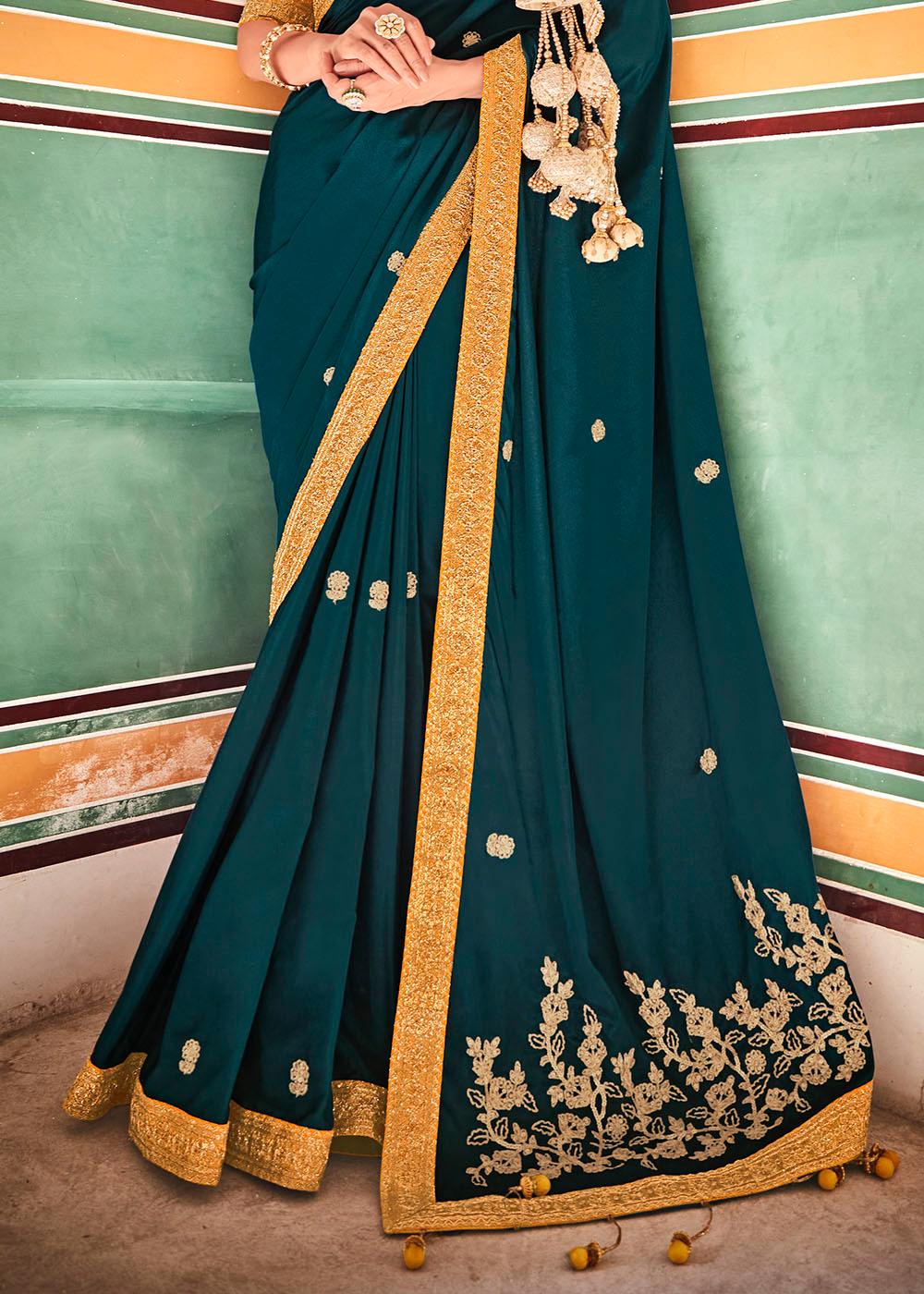 Rama Green Crepe Silk Saree with Sequins & Dori work | Stitched Blouse - qivii