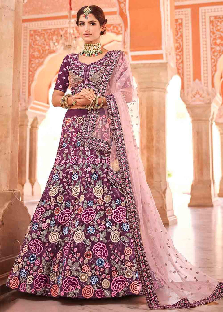 Rasin Purple Crepe Lehenga Choli with Thread, Zarkan & Sequins work - qivii