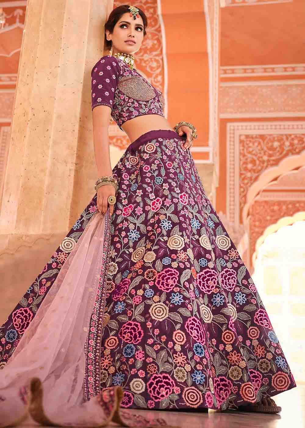 Rasin Purple Crepe Lehenga Choli with Thread, Zarkan & Sequins work - qivii